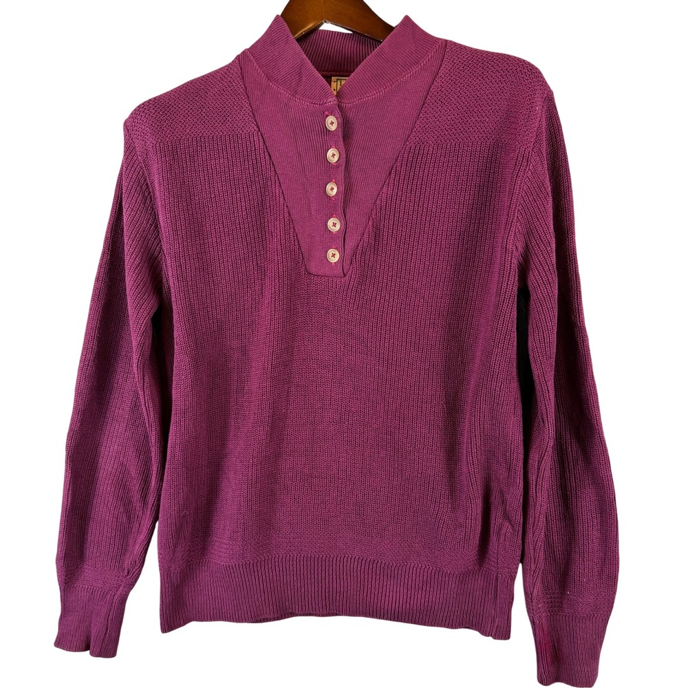 VNTAGE LL Bean USA Plum Cotton M 5 Button Mock Neck Pullover Sweater Womens 80s